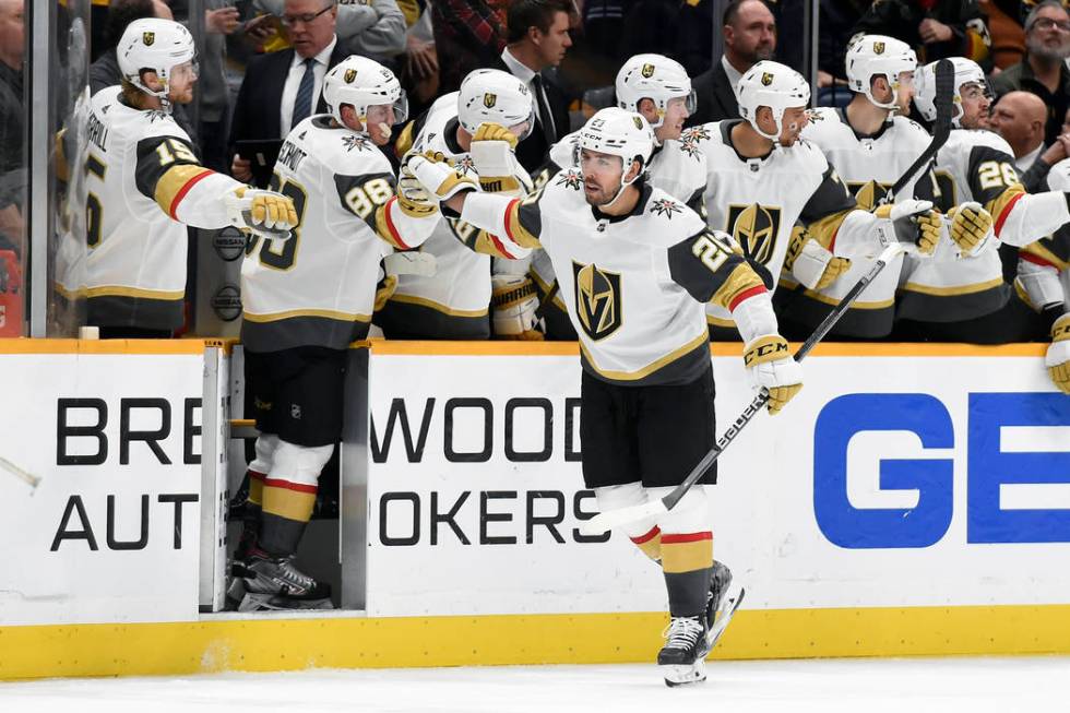 Vegas Golden Knights center Chandler Stephenson (20) is congratulated after scoring against the ...