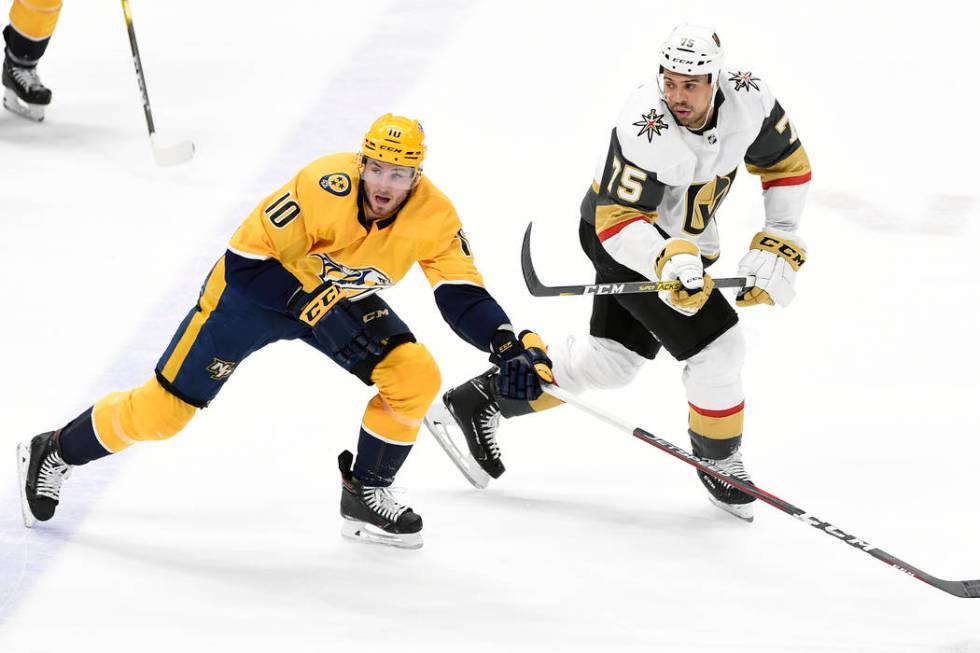 Nashville Predators center Colton Sissons (10) plays against Vegas Golden Knights right wing Ry ...