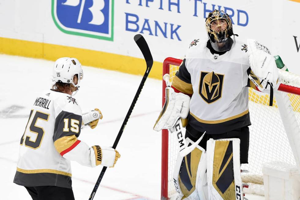 Vegas Golden Knights goaltender Marc-Andre Fleury (29) looks up after the team's win against th ...