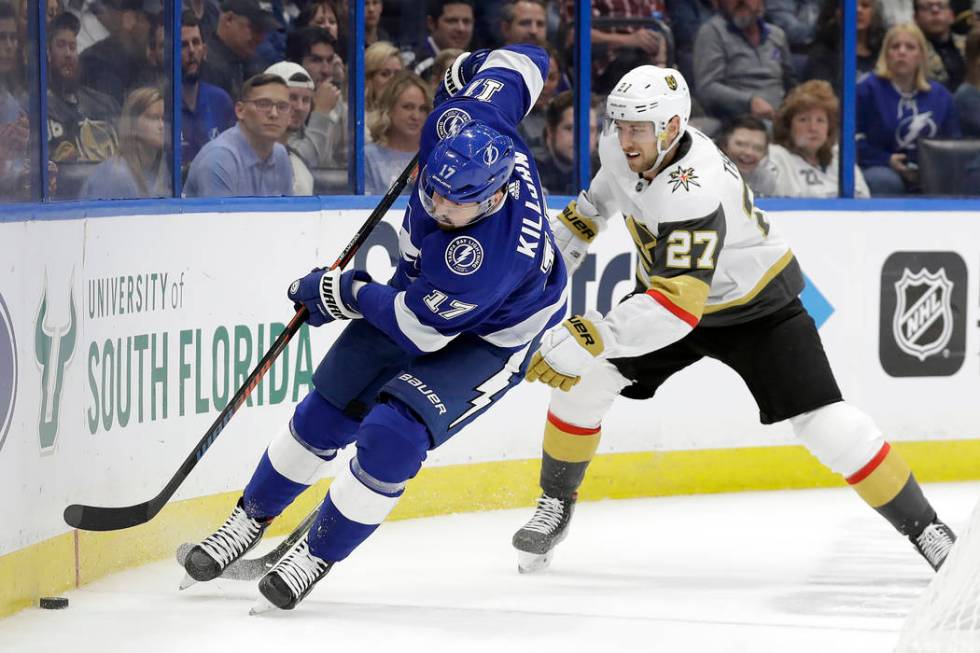 Tampa Bay Lightning left wing Alex Killorn (17) beats Vegas Golden Knights defenseman Shea Theo ...