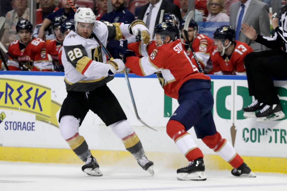 Florida Panthers defenseman Anton Stralman (6), right, defends against Vegas Golden Knights lef ...