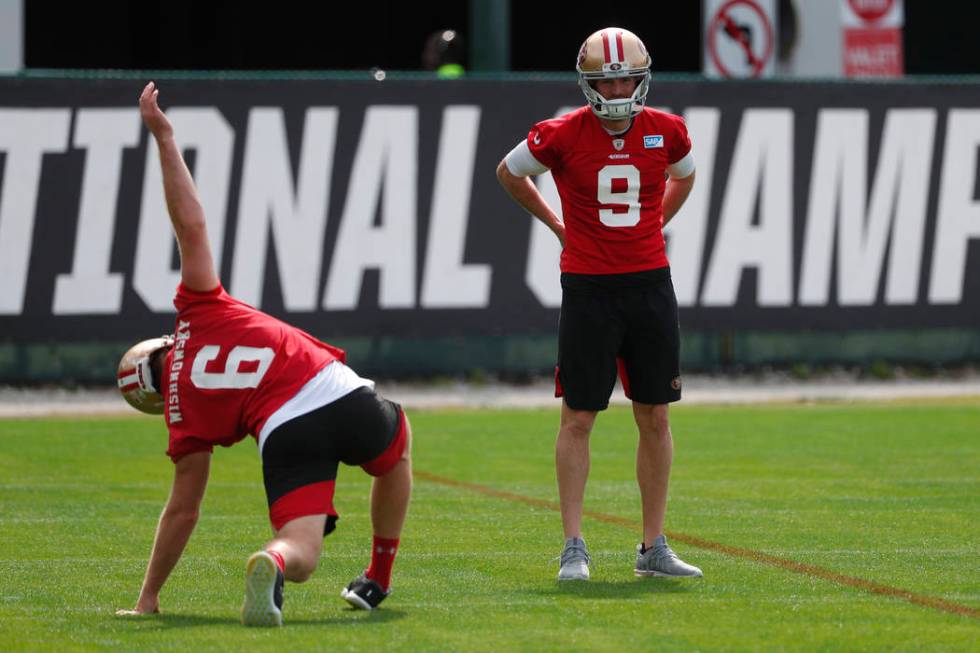 San Francisco 49ers punter Mitch Wishnowsky (6) and kicker Robbie Gould (9) stretch during prac ...