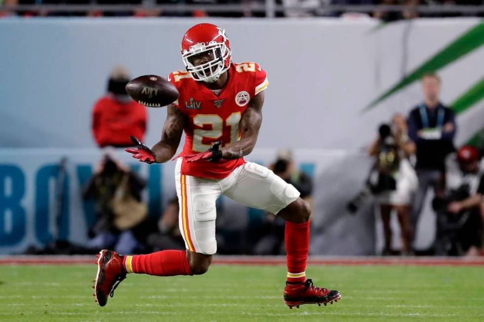 Kansas City Chiefs' Bashaud Breeland (21) intercepts a pass against the San Francisco 49ers dur ...