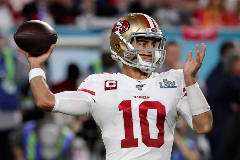 San Francisco 49ers quarterback Jimmy Garoppolo passes against the Kansas City Chiefs during th ...