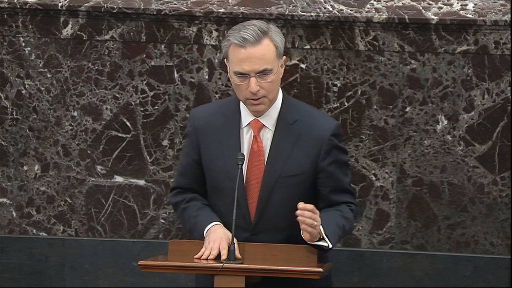 White House counsel Pat Cipollone speaks during closing arguments in the impeachment trial agai ...