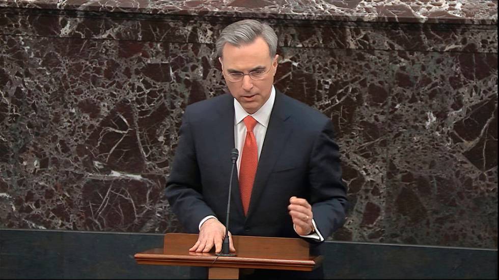 White House counsel Pat Cipollone speaks during closing arguments in the impeachment trial agai ...