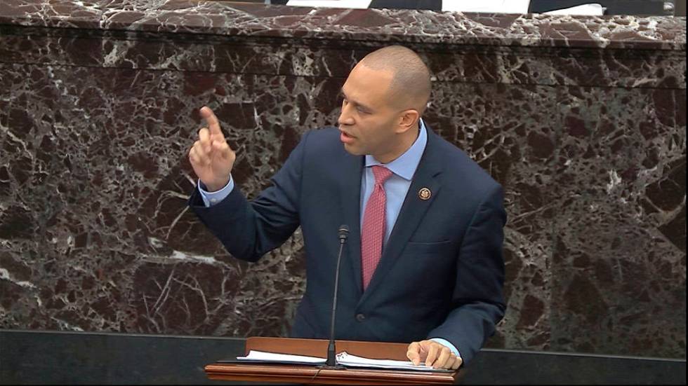 House impeachment manager Rep. Hakeem Jeffries, D-N.Y., speaks during closing arguments in the ...