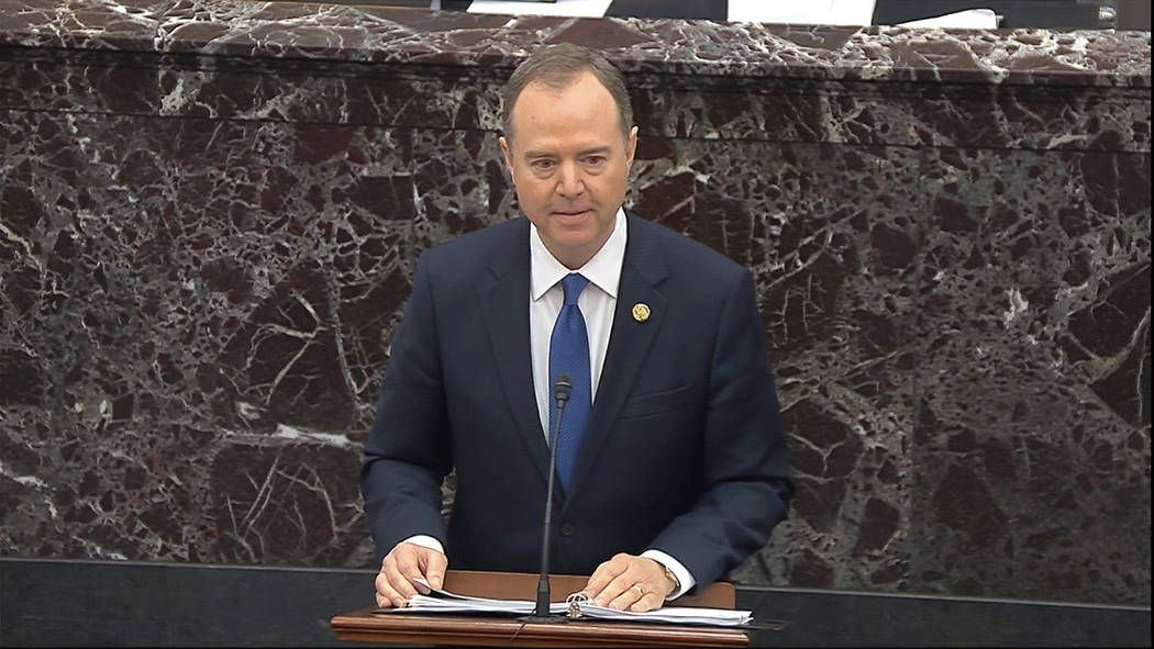 House impeachment manager Rep. Adam Schiff, D-Calif., speaks during closing arguments in the im ...