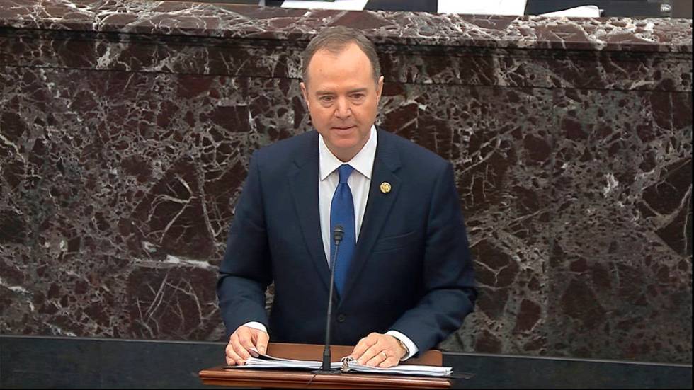 House impeachment manager Rep. Adam Schiff, D-Calif., speaks during closing arguments in the im ...