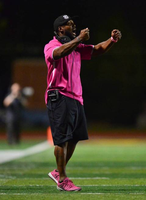 Faith Lutheran head coach Vernon Fox talks to his team during a game against Arbor View at Fait ...