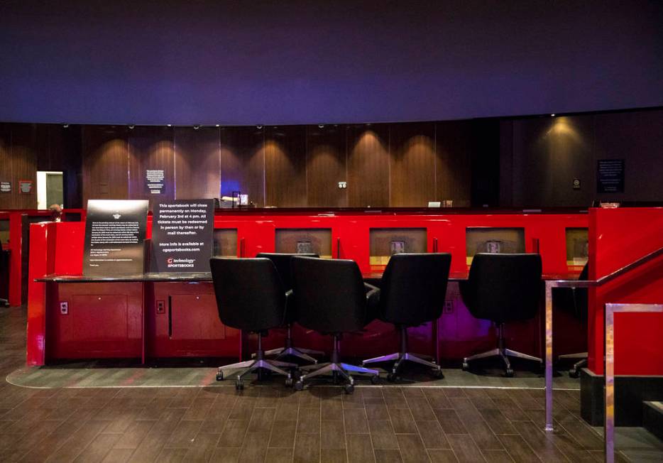 The closed sports book at Hard Rock Hotel in Las Vegas, Monday, Feb. 3, 2020. The property clos ...
