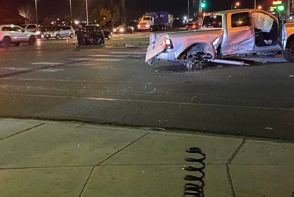 The rear axle of a pickup tuck is missing after a collision at Nellis and Lake Mead boulevards ...