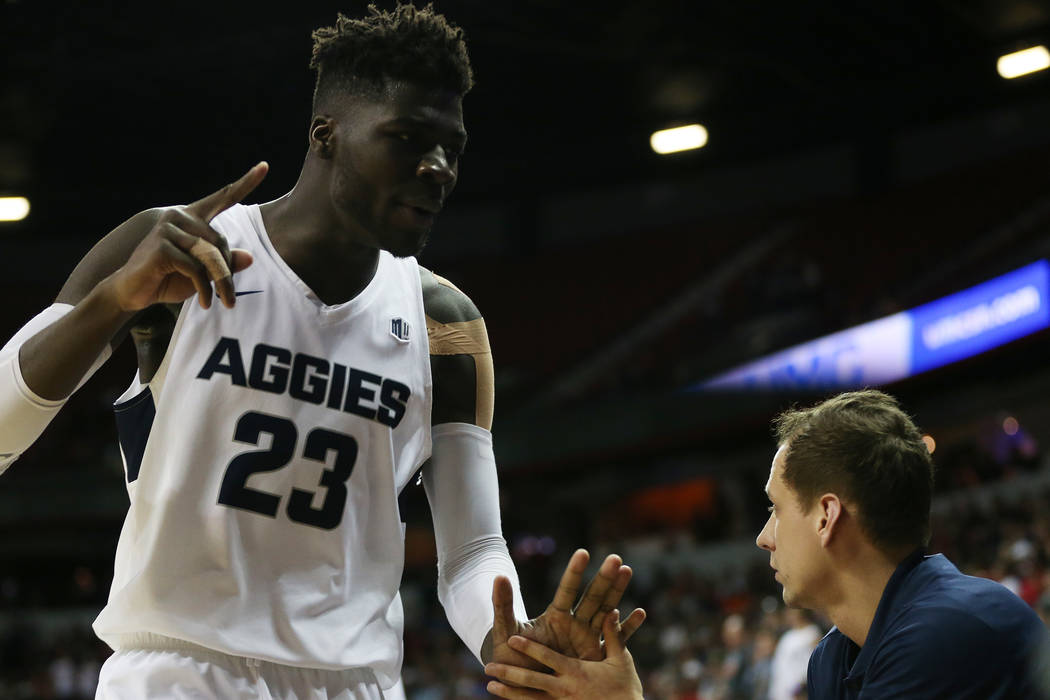 Utah State Aggies center Neemias Queta (23) takes the bench in the second half of the Mountain ...