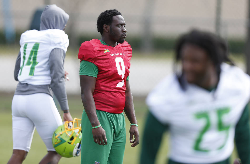 Tampa Bay Vipers quarterback Quinton Flowers (9) looks on during practice at Plant City Stadium ...