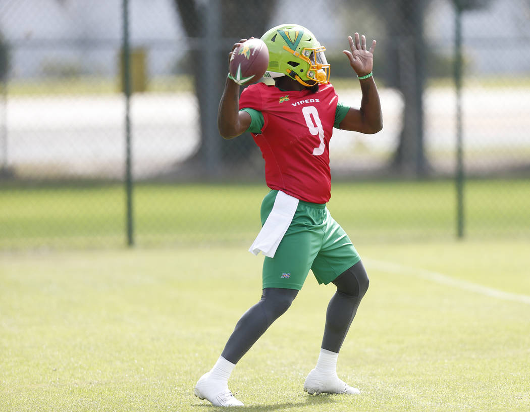 Tampa Bay Vipers quarterback Quinton Flowers (9) throws during practice at Plant City Stadium i ...