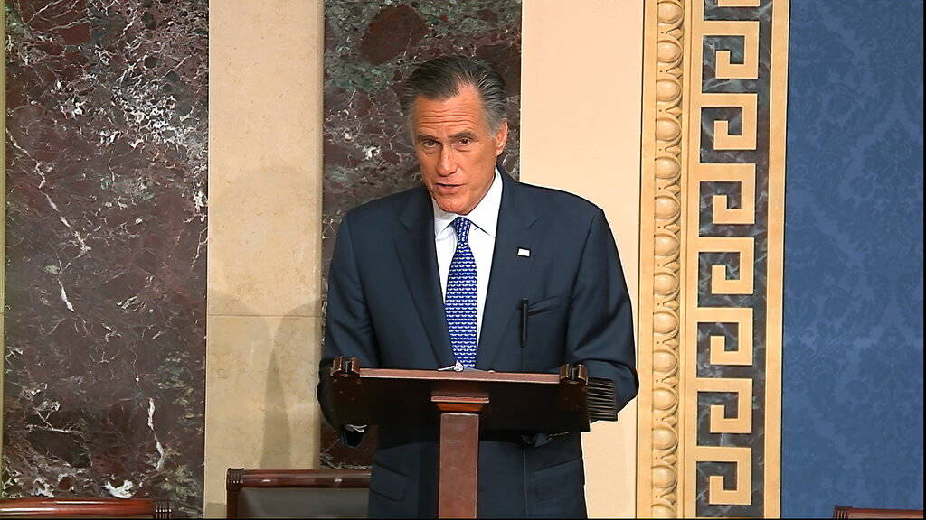 Sen. Mitt Romney, R-Utah, speaks on the Senate floor about the impeachment trial against Presid ...