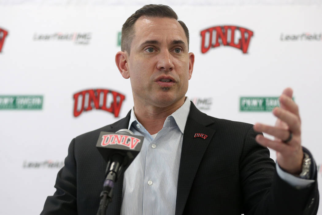 UNLV football head coach Marcus Arroyo announces his first recruiting class during a press conf ...