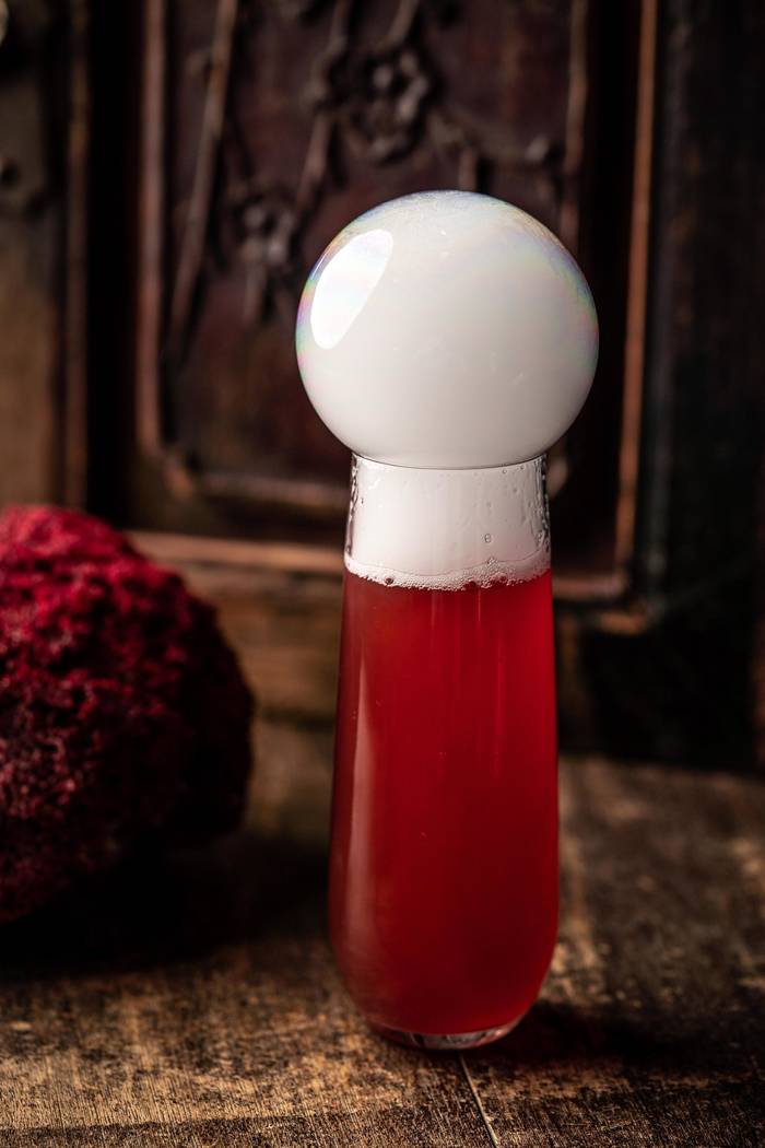 Scarlet Heaven at Mott 32 is crowned with a citrus cloud encased in a bubble. (Mott 32)