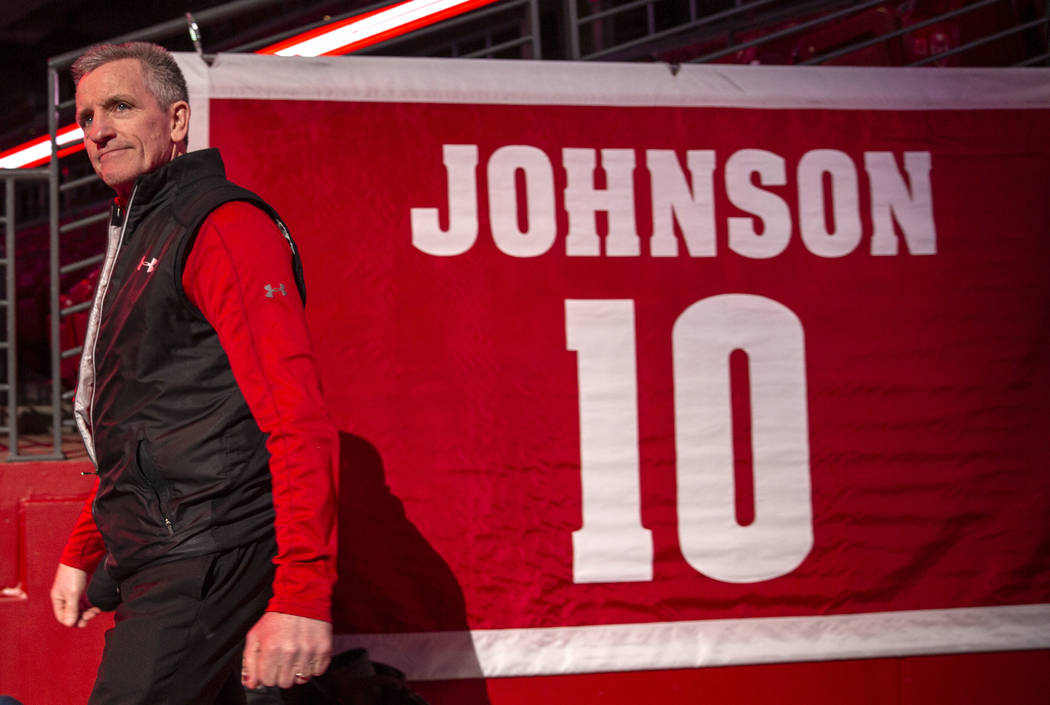 Wisconsin womenճ hockey head coach Mark Johnson is seen at the celebration for winning th ...