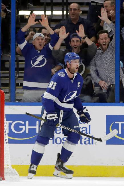 Tampa Bay Lightning center Steven Stamkos (91) celebrates his goal against the Pittsburgh Pengu ...