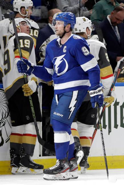 Tampa Bay Lightning center Steven Stamkos (91) celebrates his goal against the Vegas Golden Kni ...