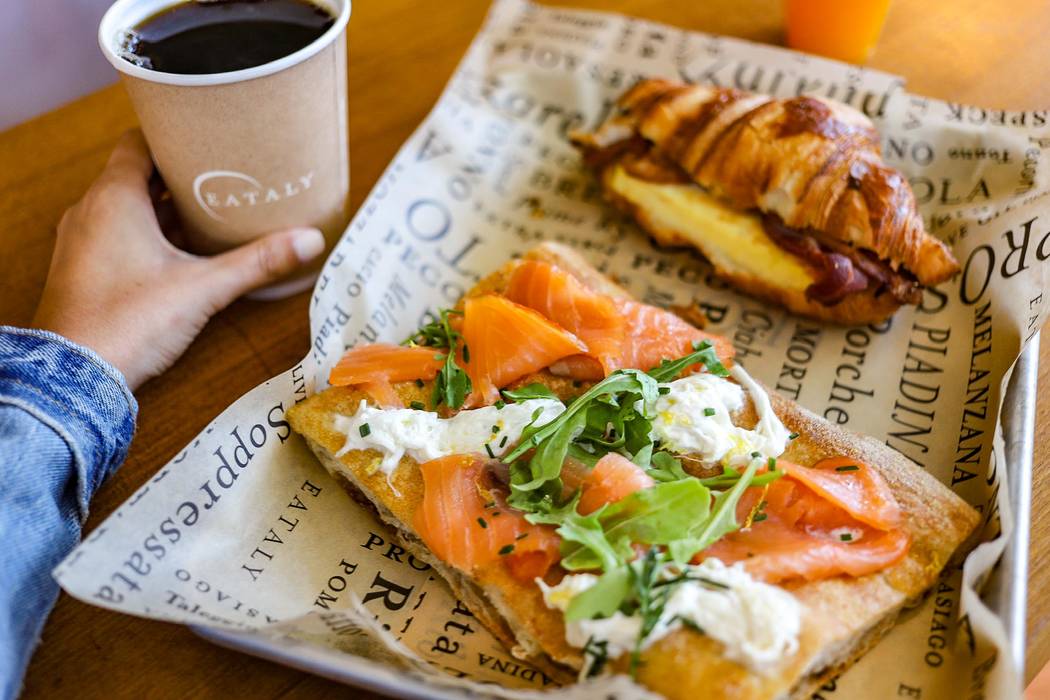 Breakfast pizza a la pala (foreground) at Eataly. (Eataly)