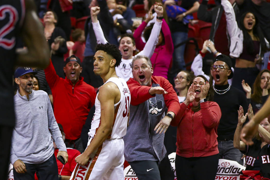 UNLV's Marvin Coleman celebrates after banking in a shot in the final second of the game agains ...