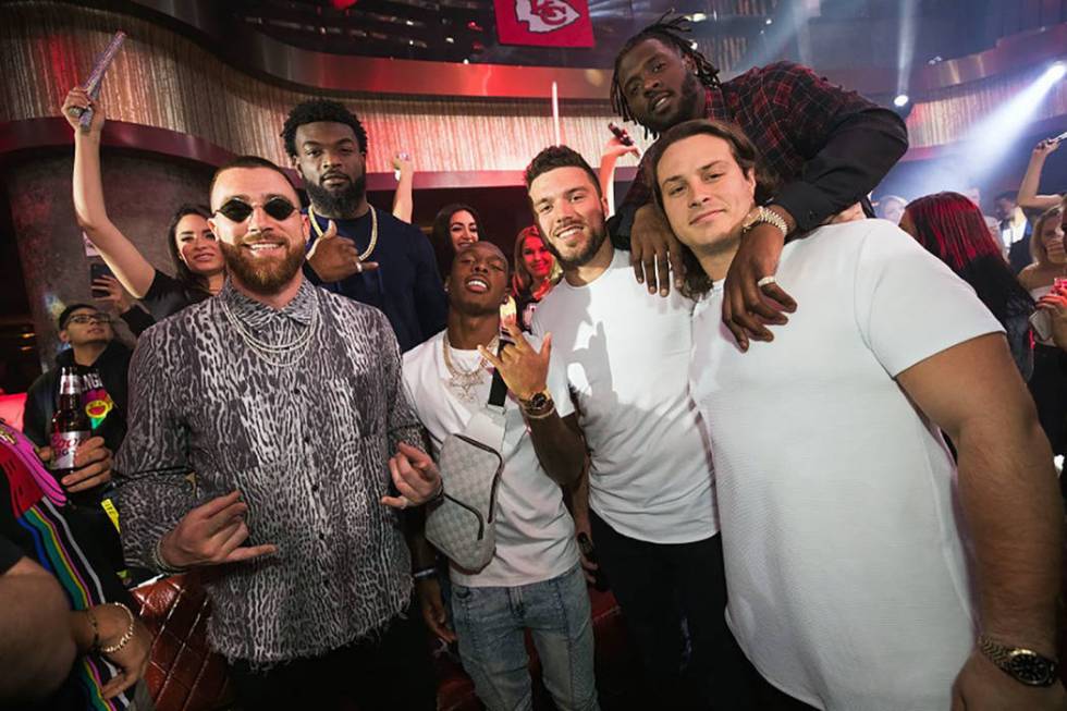 Members of the Kansas City Chiefs are shown partying at Jewel Nightclub at Aria on Friday, Feb. ...