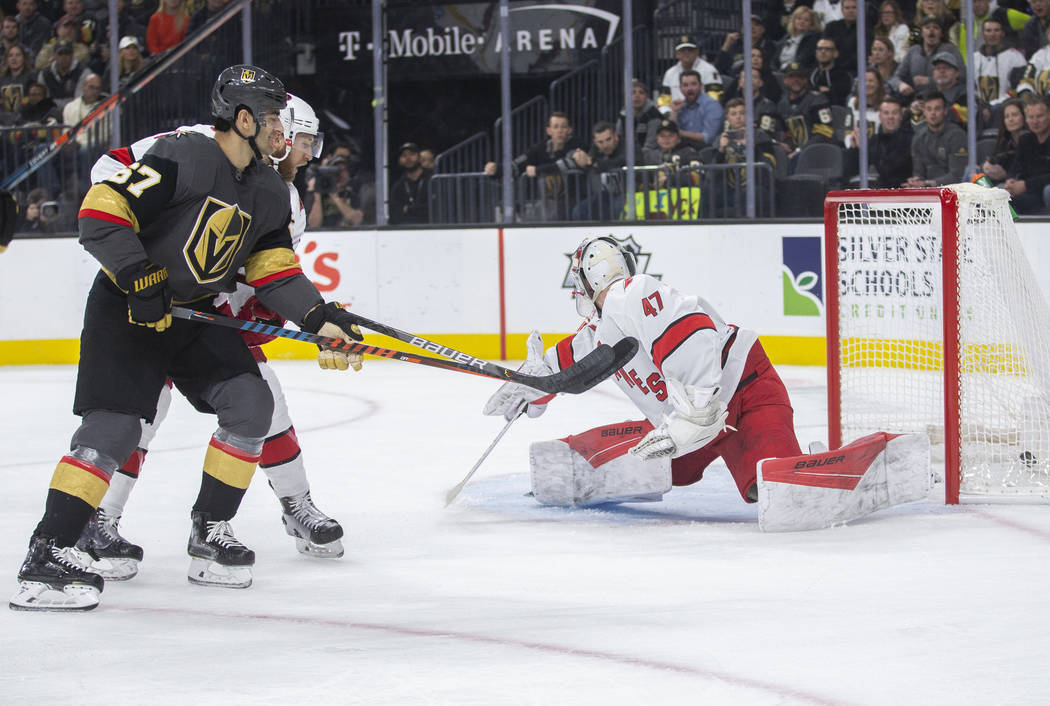 Vegas Golden Knights left wing Max Pacioretty (67) scores a first period goal against Carolina ...