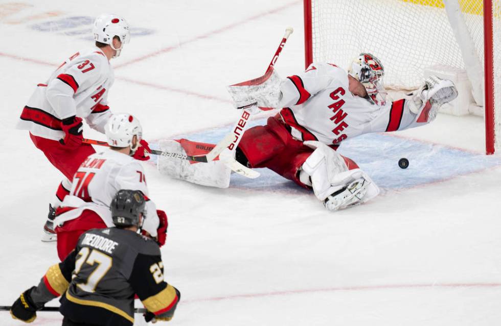 Carolina Hurricanes goaltender James Reimer (47) makes a diving save against Vegas Golden Knigh ...