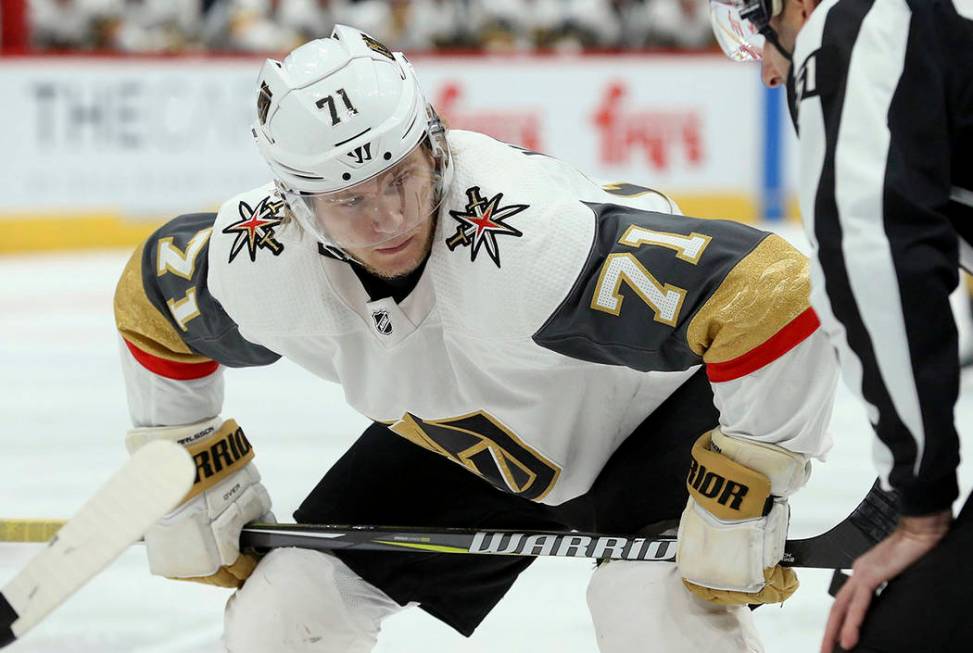 Vegas Golden Knights center William Karlsson waits for the puck to drop on a face off during th ...