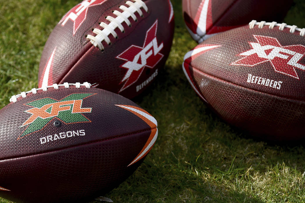 A detailed view of official XFL footballs during the first half of an XFL football game between ...