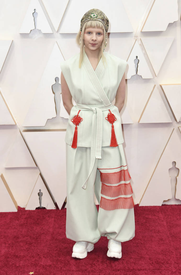 Aurora arrives at the Oscars on Sunday, Feb. 9, 2020, at the Dolby Theatre in Los Angeles. (Pho ...