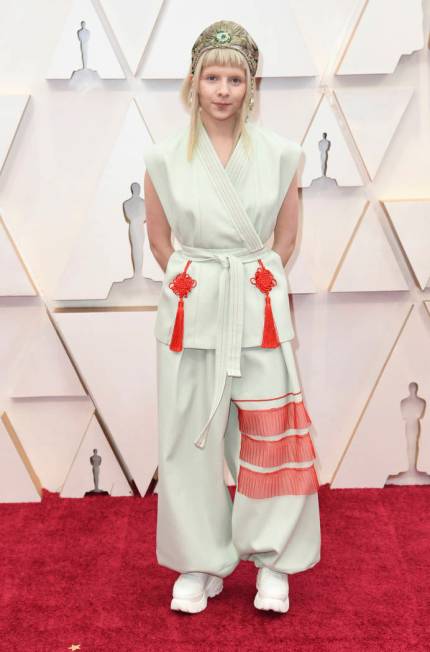 Aurora arrives at the Oscars on Sunday, Feb. 9, 2020, at the Dolby Theatre in Los Angeles. (Pho ...