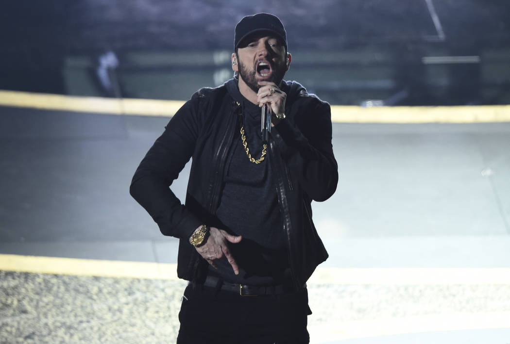 Eminem performs "Lose Yourself" at the Oscars on Sunday, Feb. 9, 2020, at the Dolby T ...