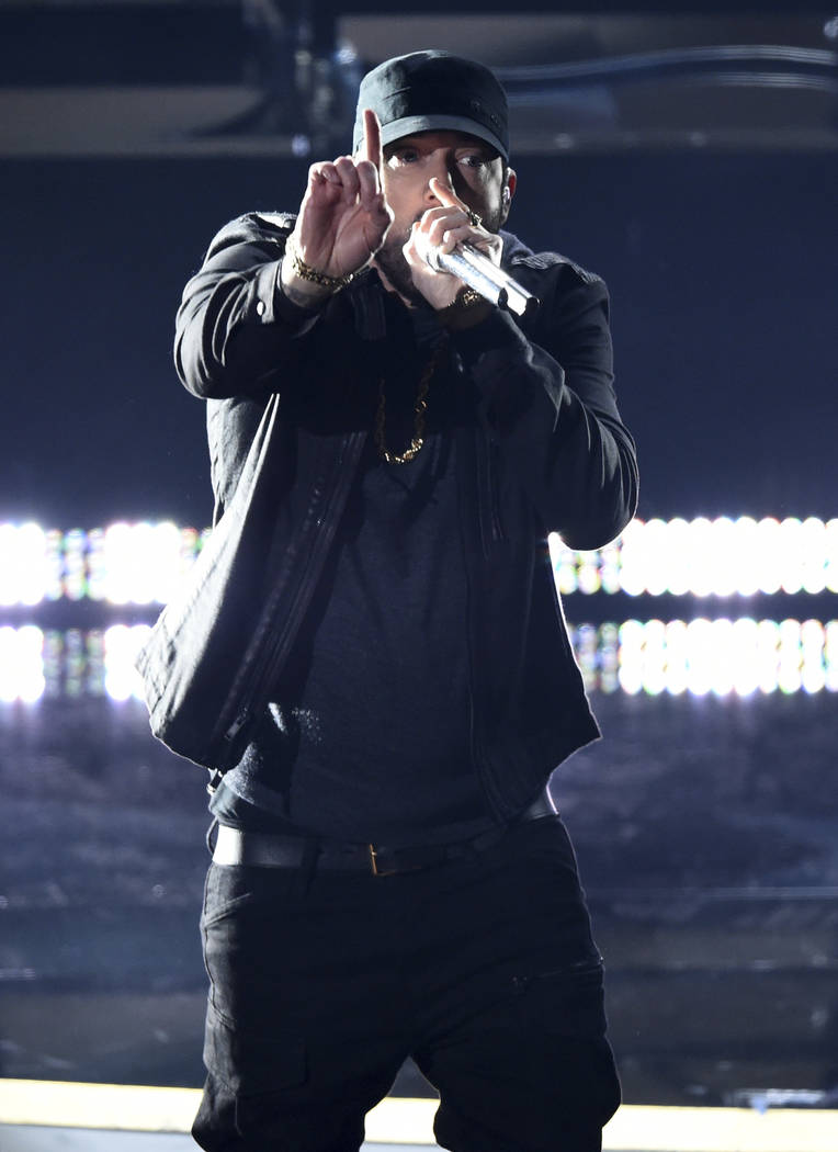 Eminem performs "Lose Yourself" at the Oscars on Sunday, Feb. 9, 2020, at the Dolby T ...