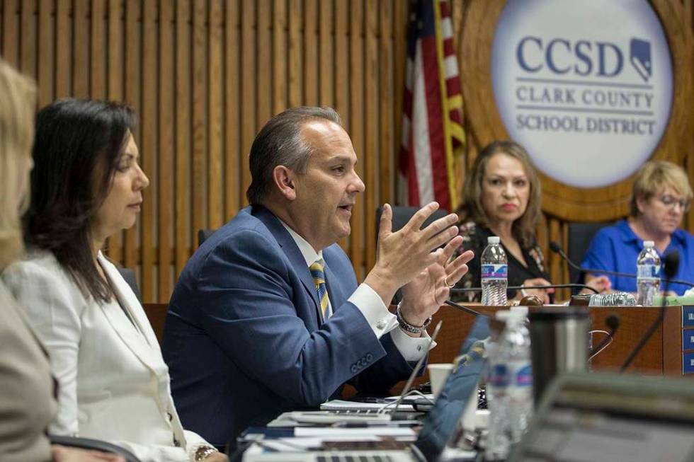 Clark County School Superintendent Dr. Jesus Jara, third from left, addresses the Clark County ...