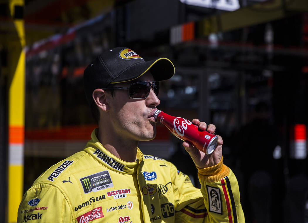 Joey Logano (22) takes a sip of Coke before the start of practice on Saturday, March 2, 2019, a ...