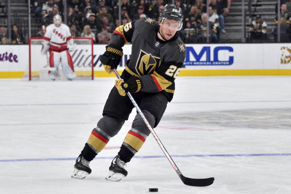 Vegas Golden Knights center Paul Stastny (26) skates against the Carolina Hurricanes during the ...