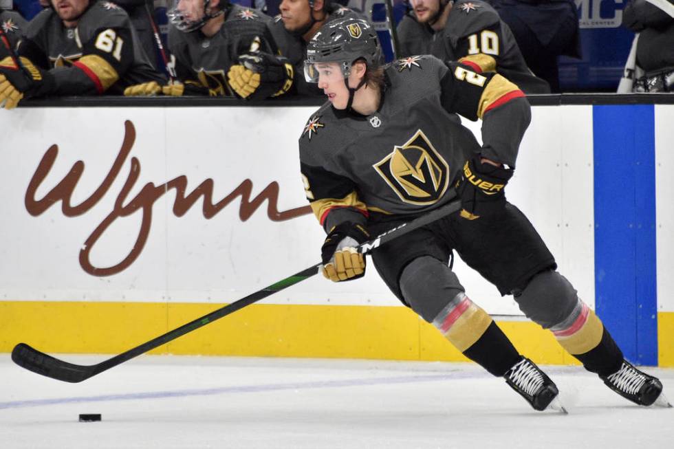 Vegas Golden Knights defenseman Zach Whitecloud (2) skates against the Carolina Hurricanes duri ...