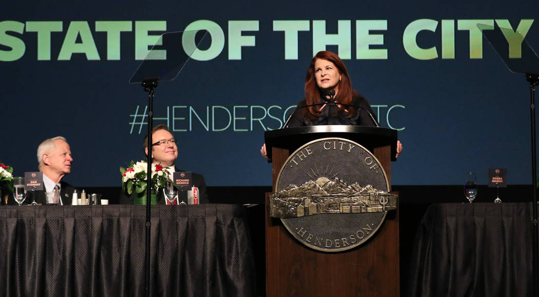 Henderson Mayor Debra March gives her annual State of the City Address on Thursday, Feb. 13, 20 ...