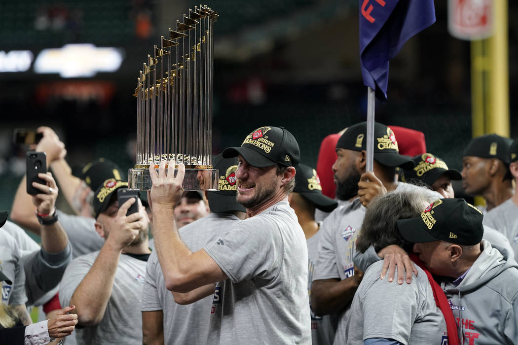 FILE - In this Oct. 30, 2019, file photo, Washington Nationals starting pitcher Max Scherzer ce ...