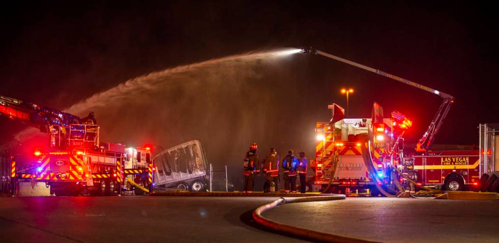 North Las Vegas Fire and Las Vegas Fire departments knock down a fire on Monday, Feb. 10, 2020, ...