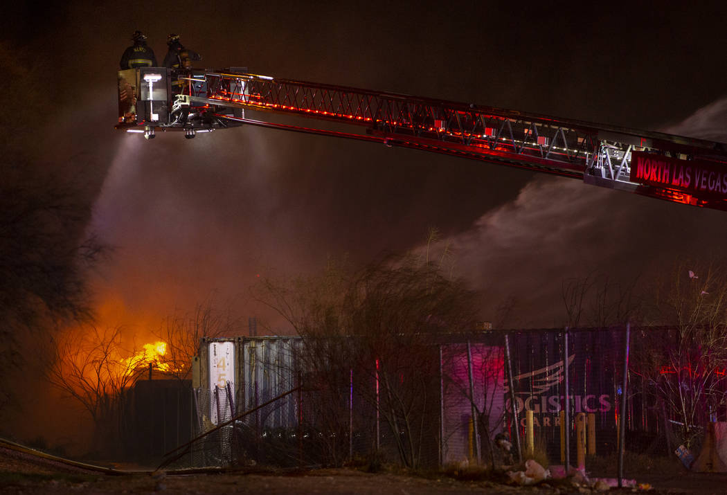 North Las Vegas Fire and Las Vegas Fire departments knock down a fire on Monday, Feb. 10, 2020, ...