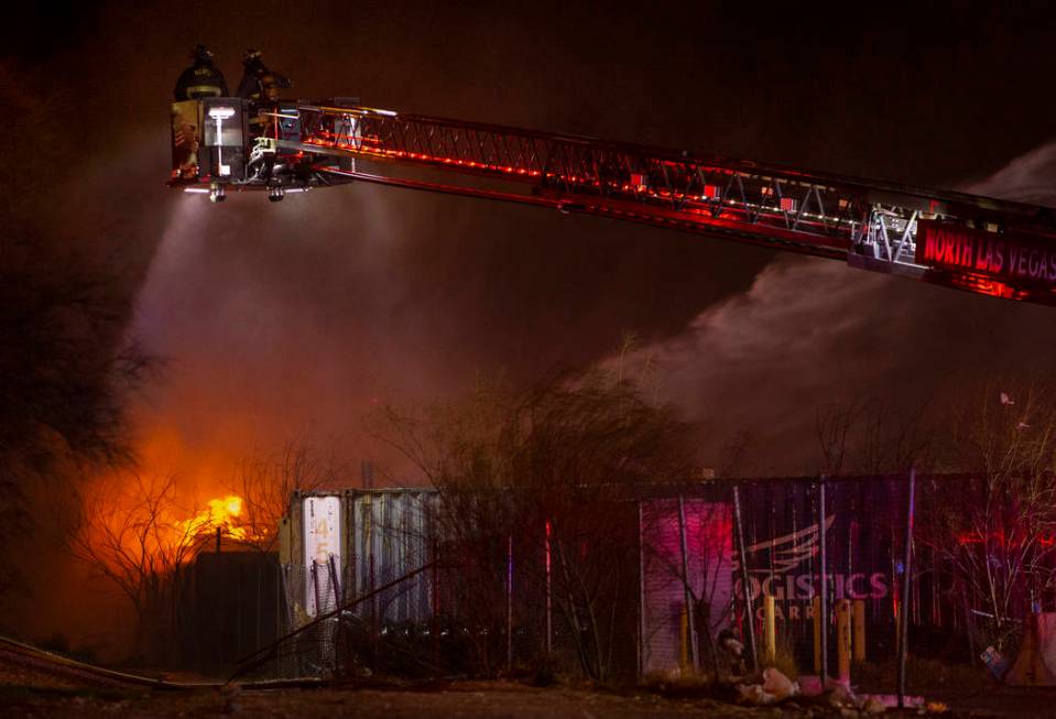 North Las Vegas Fire and Las Vegas Fire departments knock down a fire on Monday, Feb. 10, 2020, ...