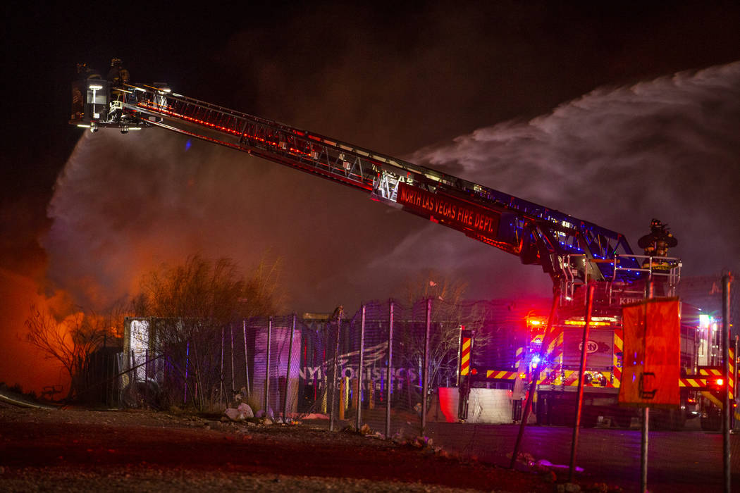 North Las Vegas Fire and Las Vegas Fire departments knock down a fire on Monday, Feb. 10, 2020, ...