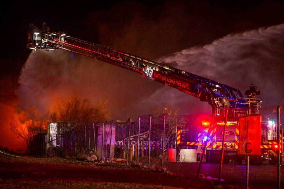 North Las Vegas Fire and Las Vegas Fire departments knock down a fire on Monday, Feb. 10, 2020, ...