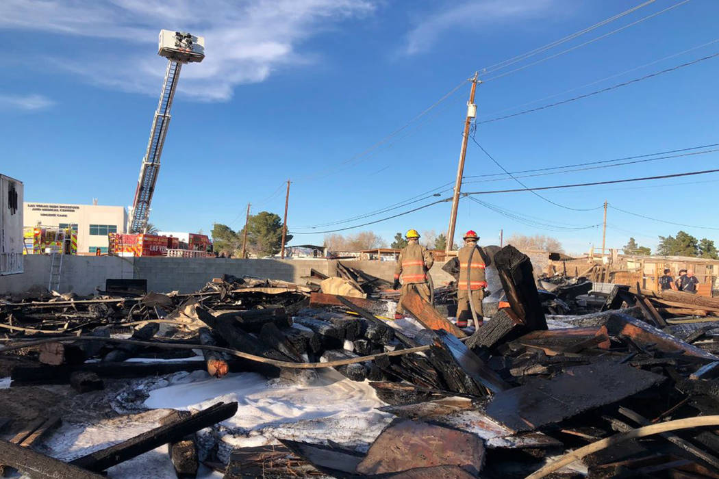 Crews battle a fire Tuesday, Feb. 11, 2020, near North Nellis Boulevard and Kell Lane in Las Ve ...