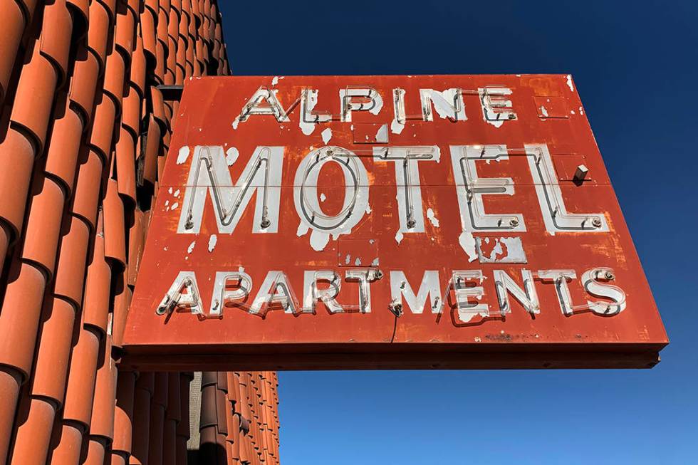 The sign outside the Alpine Motel Apartments pictured on Jan. 9, 2020, in Las Vegas. (David Guz ...