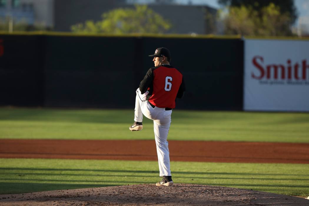 UNLV senior pitcher Ryan Hare in action against San Jose State on April 13, 2019, at Wilson Sta ...